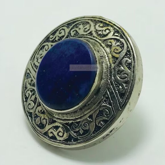 Natural Lapis Lazuli Stone Ring, Vintage Gemstone Ring, Boho Statement Ring - Picture 4 of 7